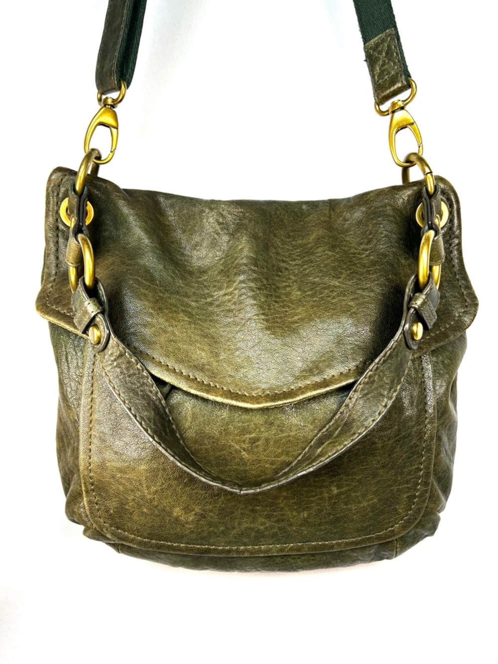 Fossil Long Live Vintage Leather Crossbody Bag Olive Green Distressed Brass